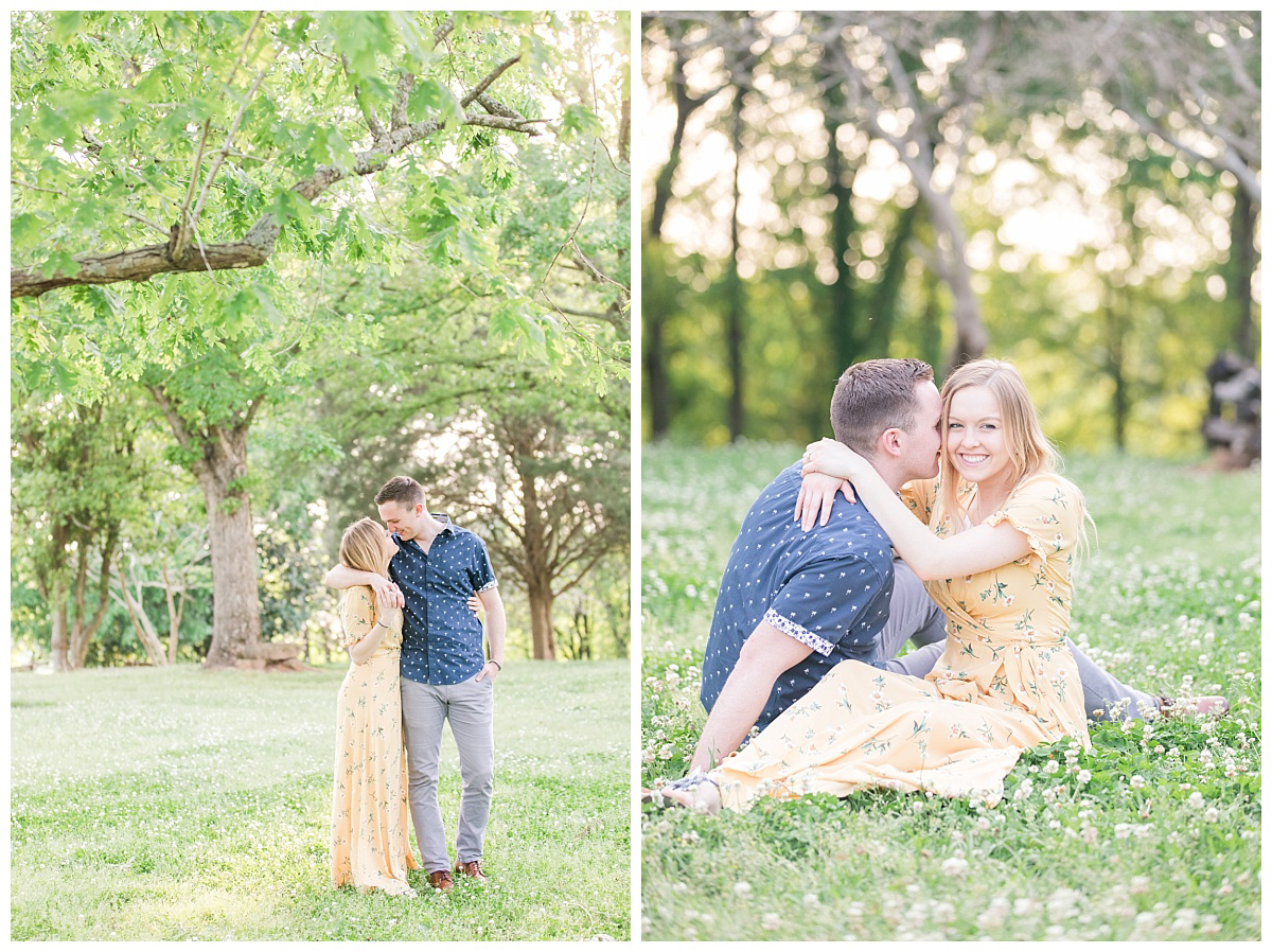 couple in clover field snuggling. The girl is wearing a yellow dress at sunset